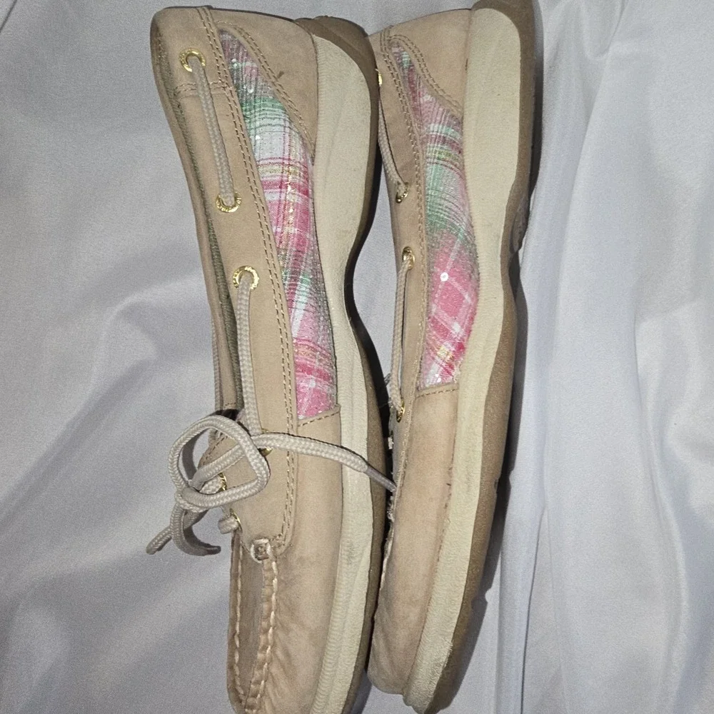 Sperry Top-Sider Boat Shoes sz 9 M Natural Tan Leather Pink Sequin Plaid